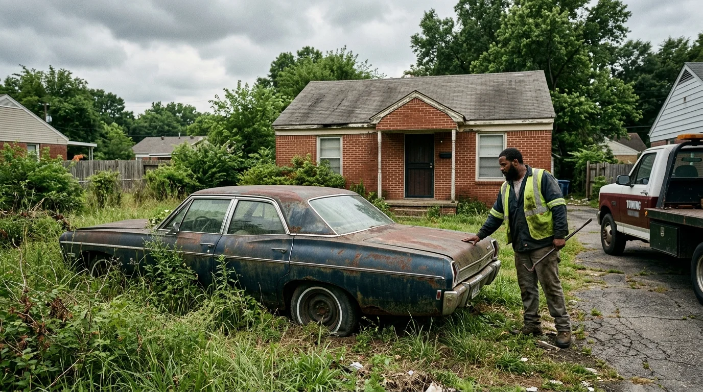 Weathered car in tall grass beside a Memphis brick home