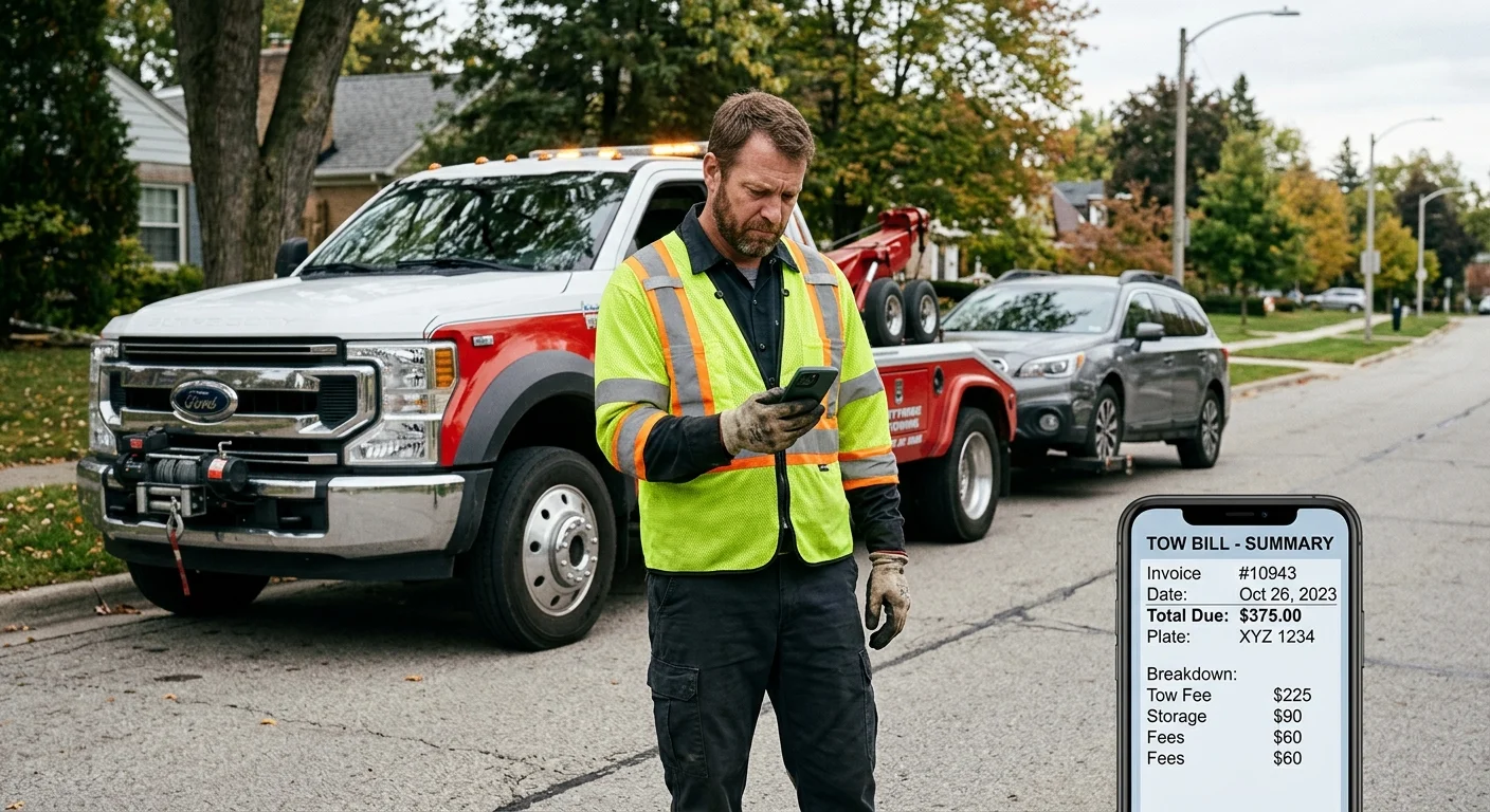 Driver reviewing a towing bill beside a parked car