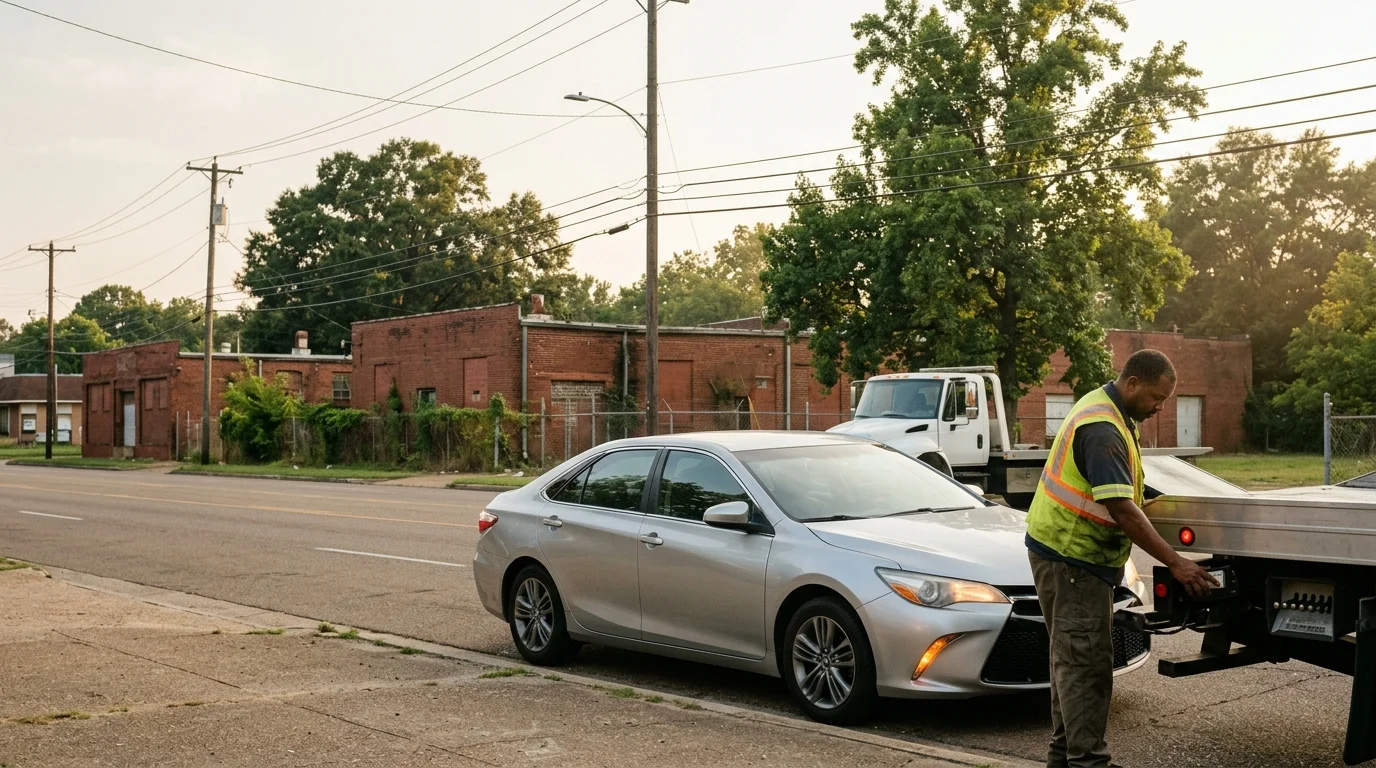 A flatbed behind a sedan on a Memphis warehouse street