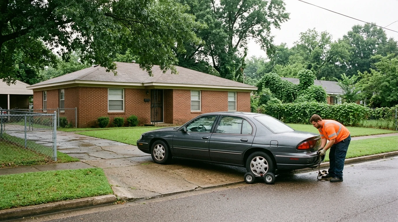 A dark sedan blocking a residential driveway on a shaded Memphis street