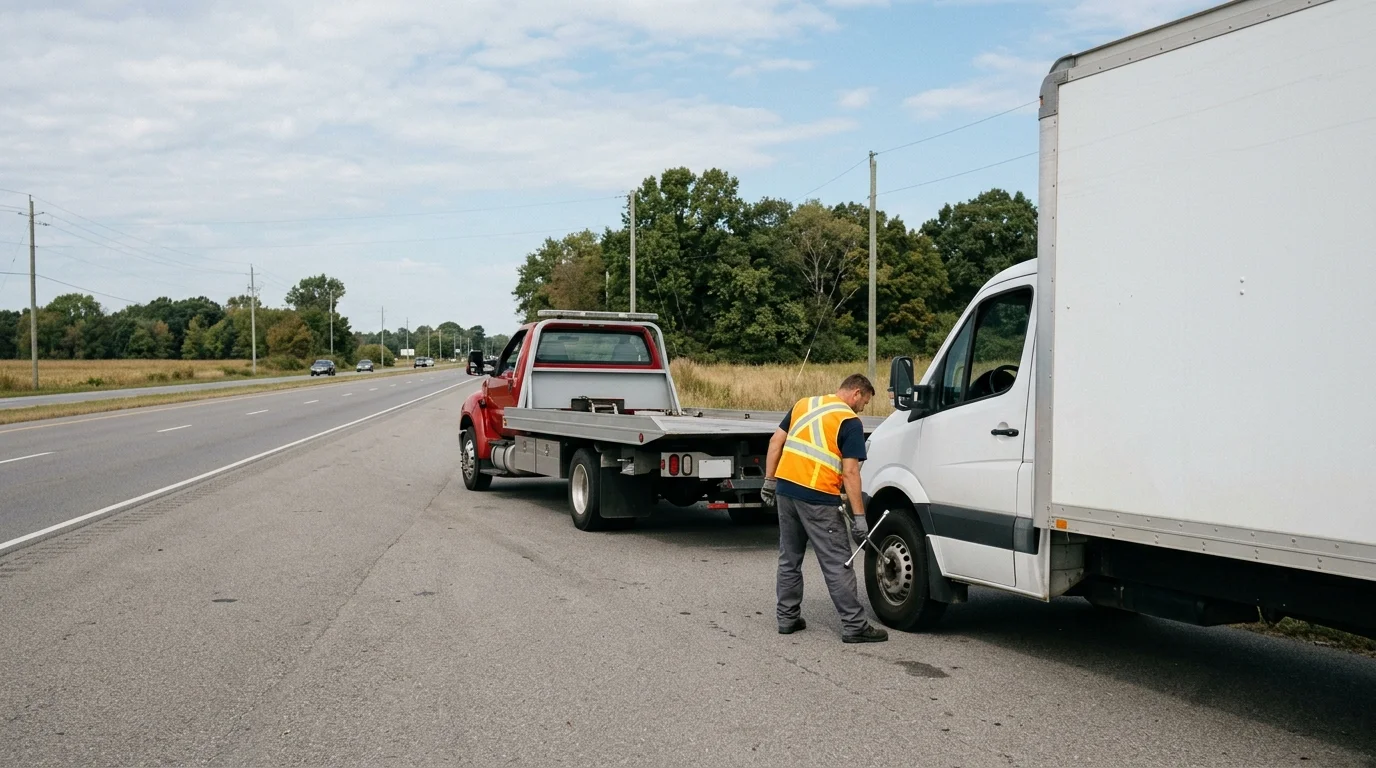 Box truck stopped beside a Hickory Hill road with a heavy tow vehicle nearby