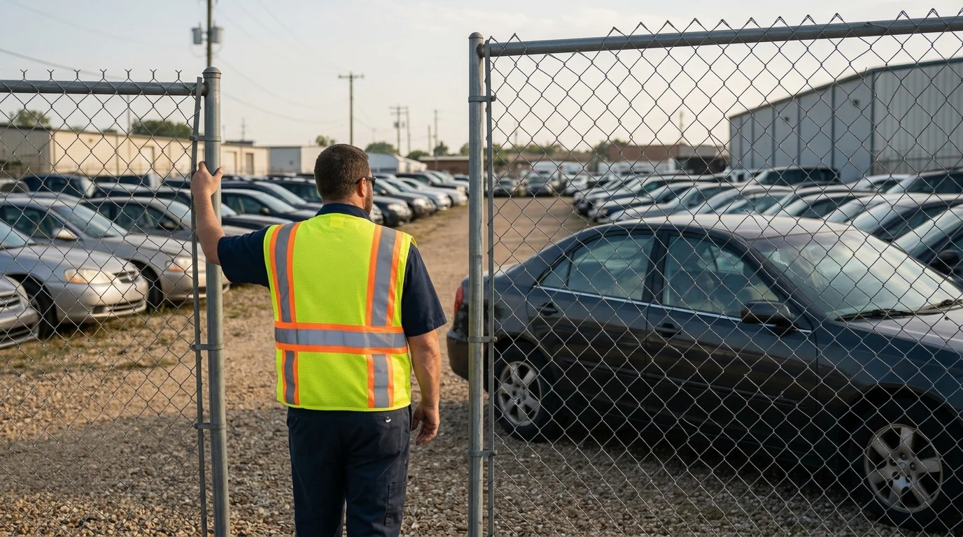 Person outside a Memphis storage lot with a bag visible inside a parked car