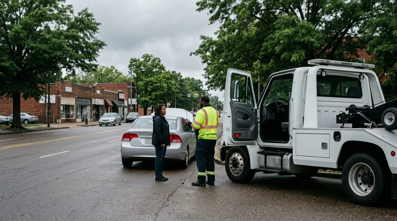 An operator beside a tow truck cab speaking with a driver on a Memphis street