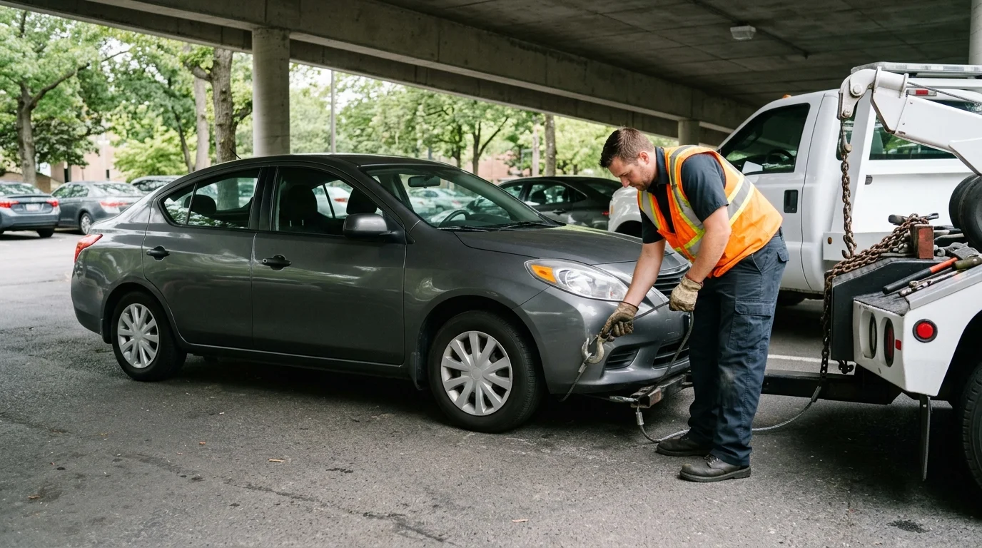 Locked sedan parked beside a plain white tow truck in a shaded lot