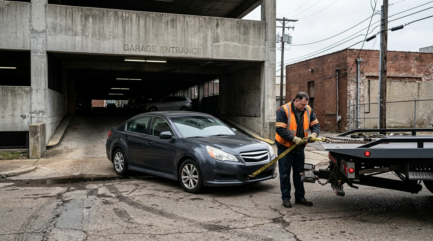 Car stopped near a concrete parking garage entrance with a tow vehicle outside