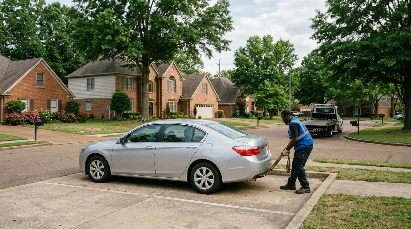 Unbranded sedan on a suburban Memphis cul-de-sac parking pad beside brick homes and oaks