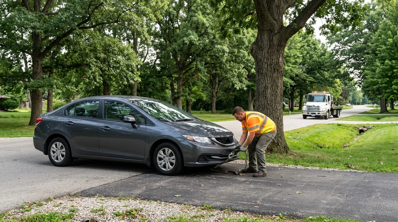 Unbranded sedan stopped beside a tree-lined suburban road in Bartlett