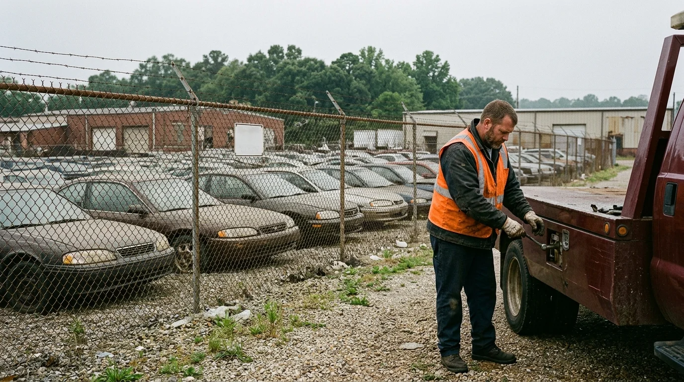Rows of stored vehicles behind a chain-link fence at a Tennessee storage yard