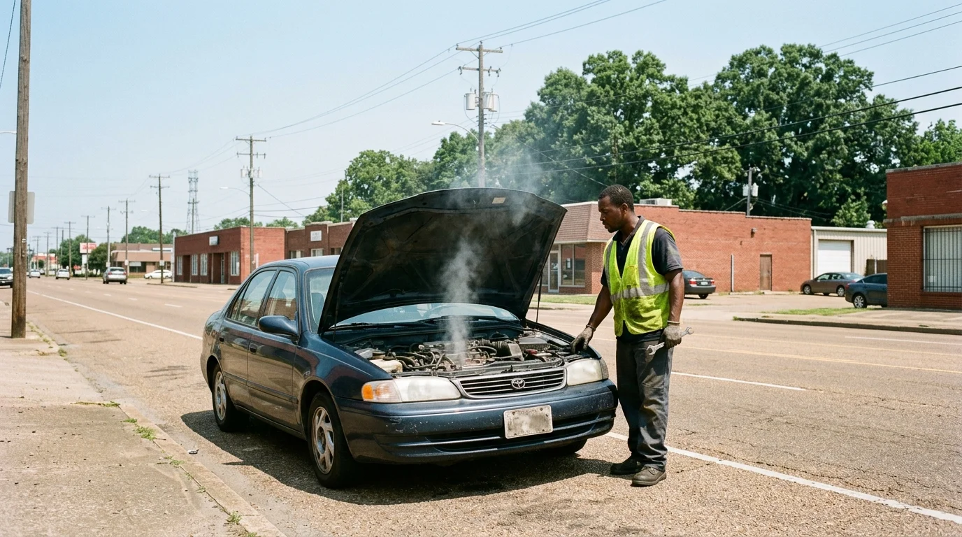 Steam rising from a car parked on a Memphis street