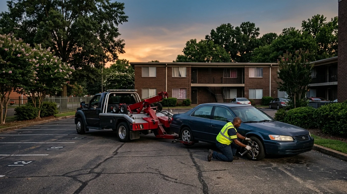 Numbered parking spaces outside a two-story Memphis apartment building at dusk