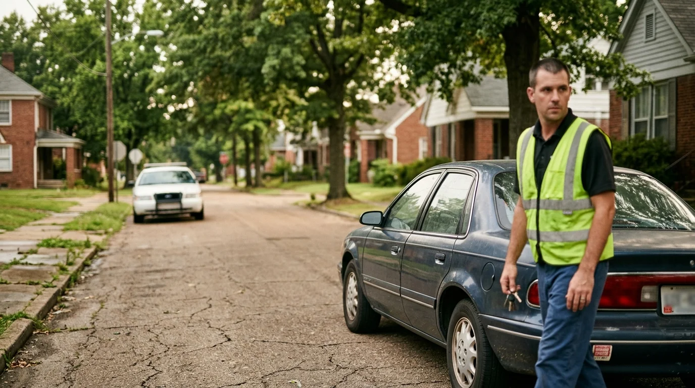 Parked sedan with an expired registration sticker on a Memphis street