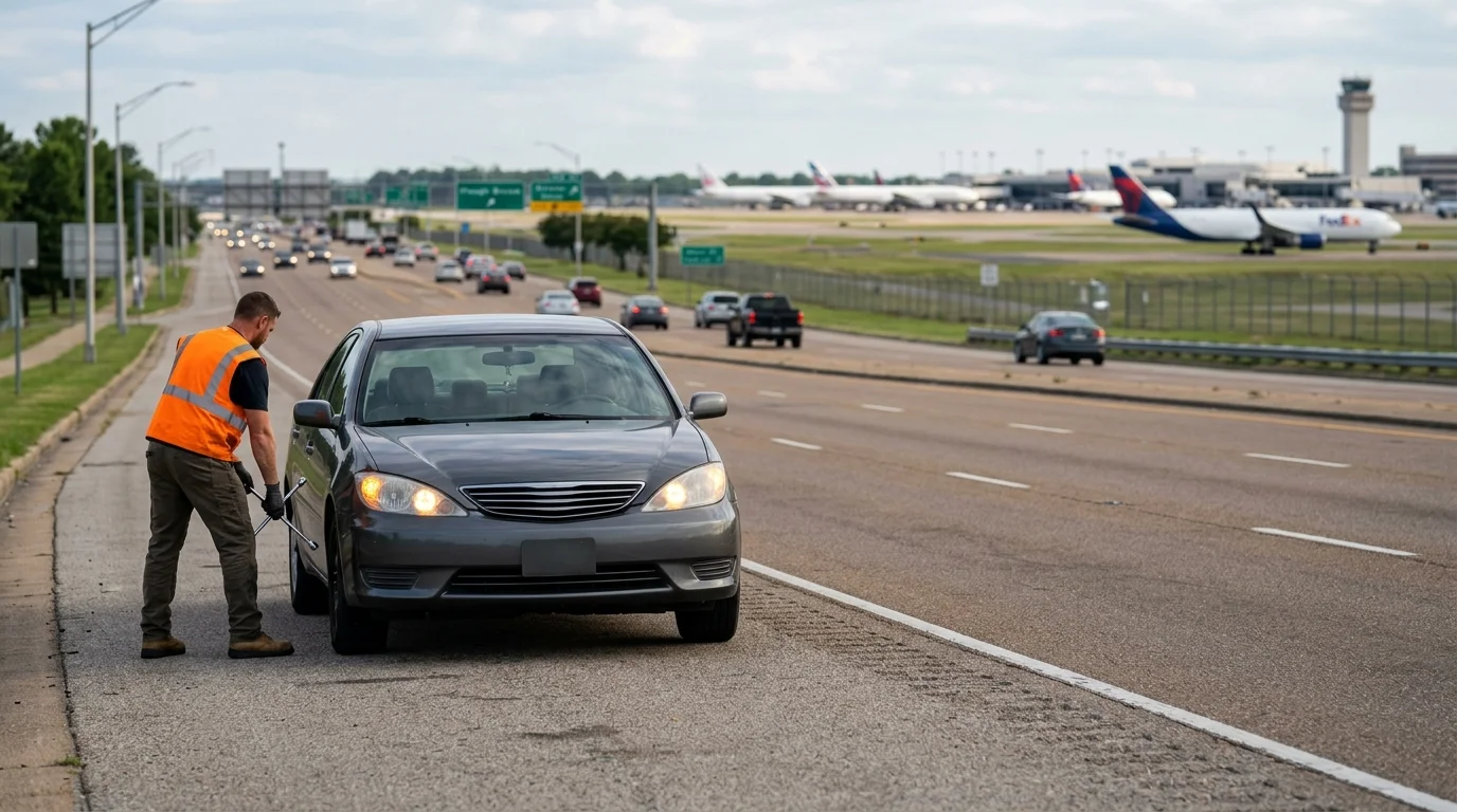 Car stopped beside an airport access road in Memphis