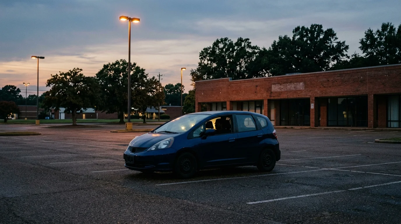 Driver inside a stalled car in a Memphis parking lot at dusk