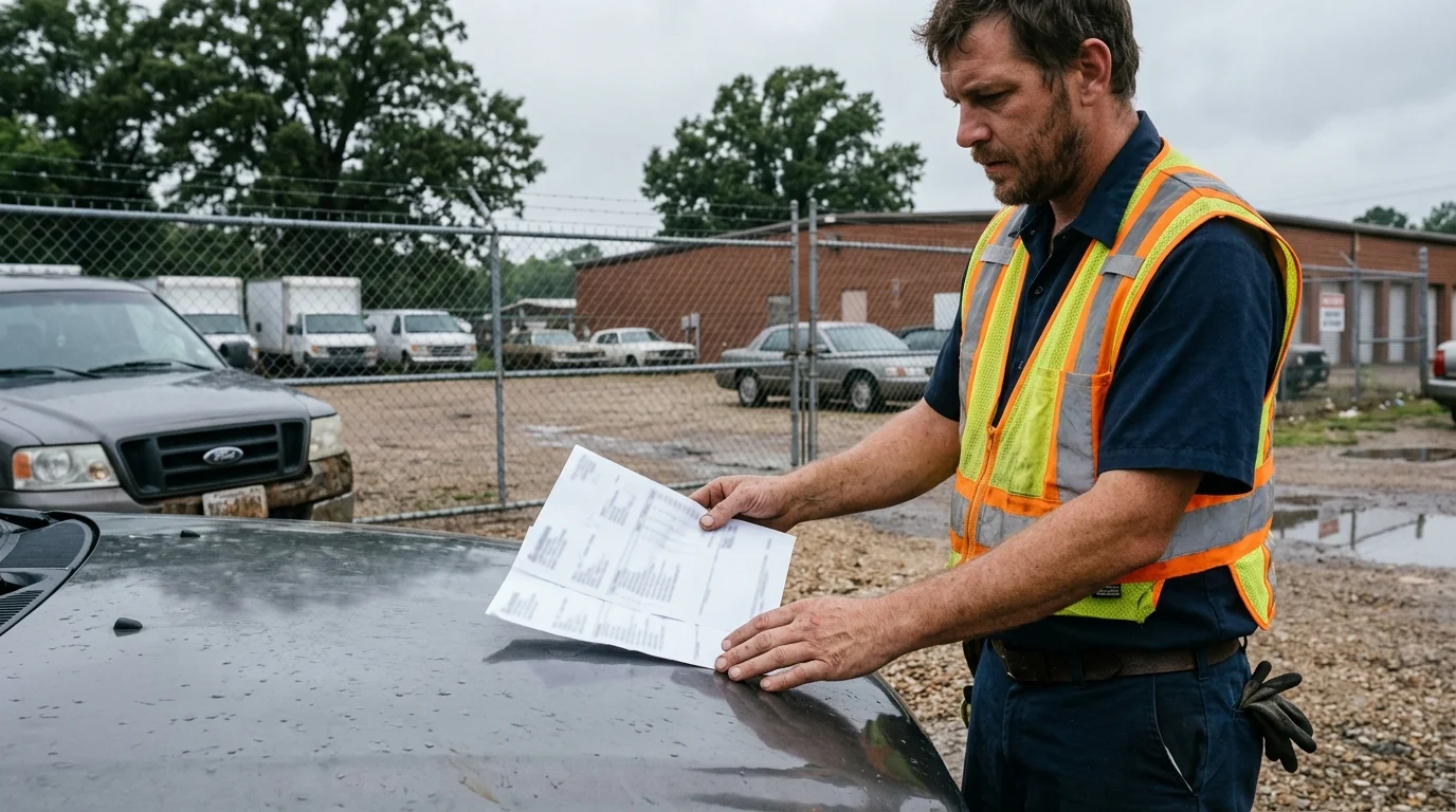A towing invoice held on a car hood outside a Memphis storage lot