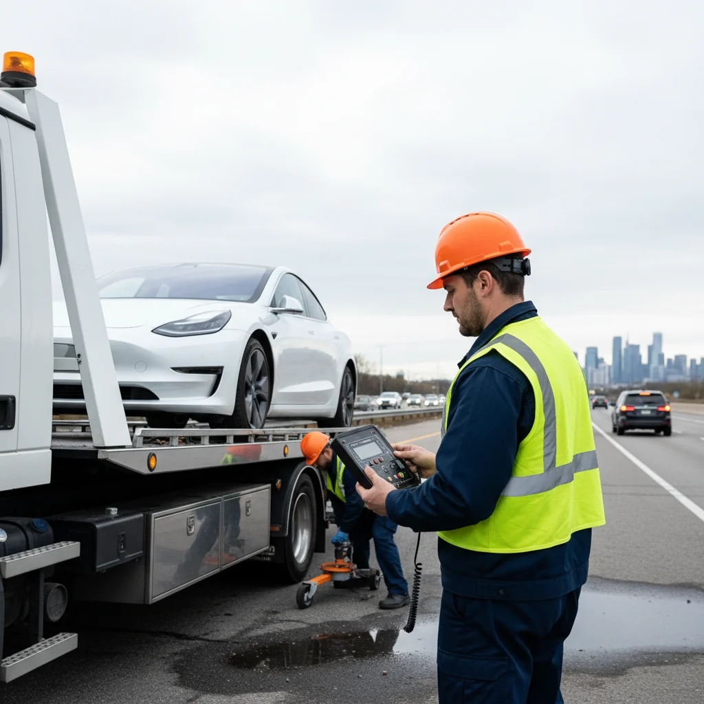 Electric sedan behind an unmarked flatbed on a Memphis highway shoulder