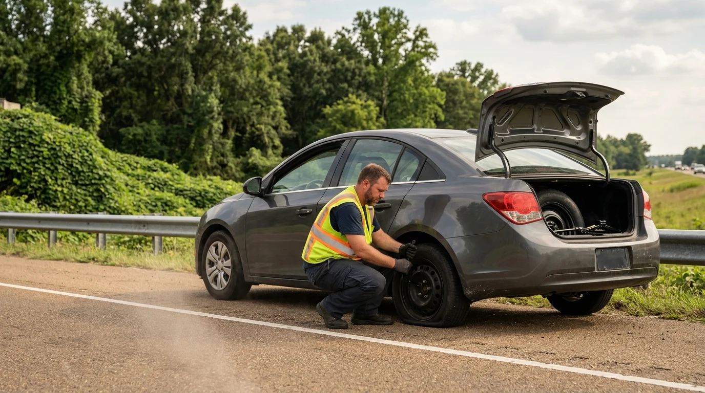 A flat rear tire on a sedan stopped on a Memphis shoulder with the trunk open