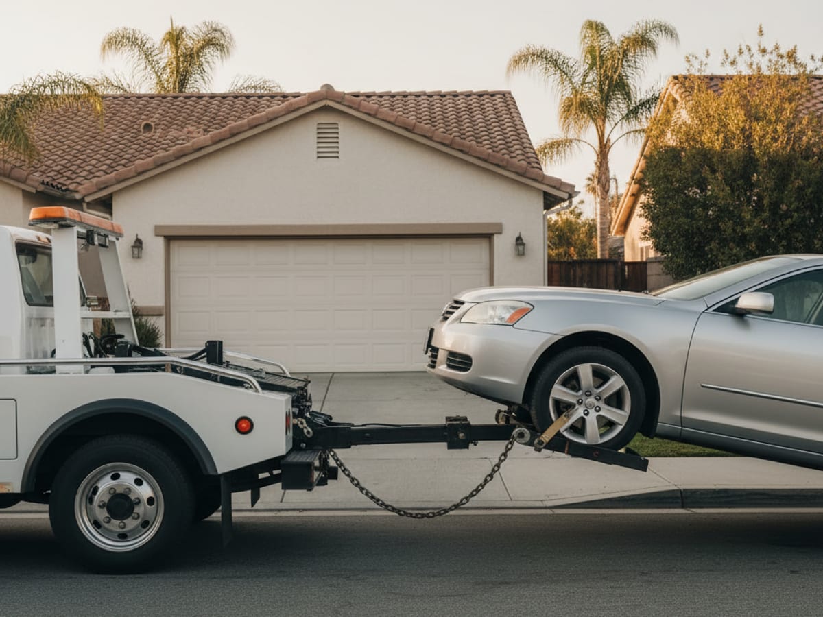 Front wheels of a sedan raised by a wheel lift while the rear wheels remain on pavement