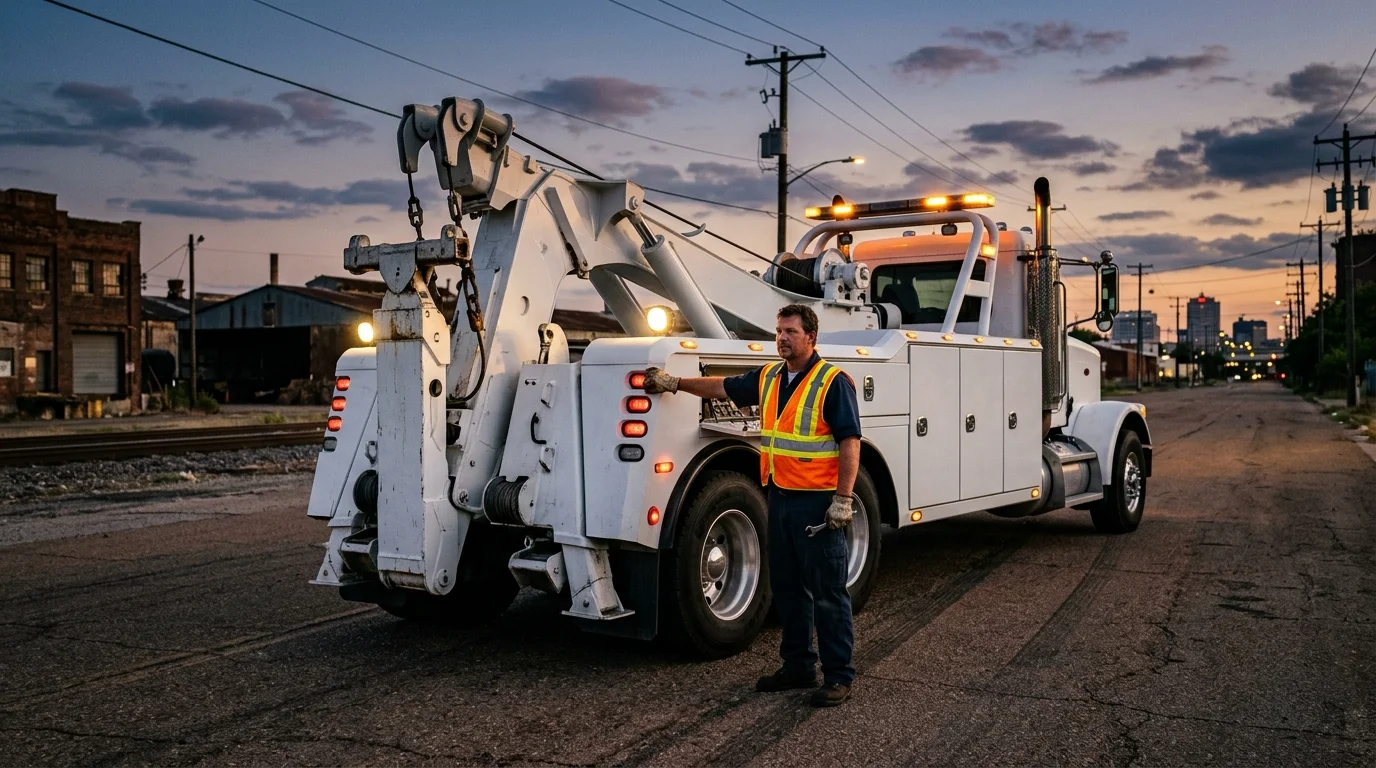 White heavy-duty wrecker on an industrial Memphis road at dusk