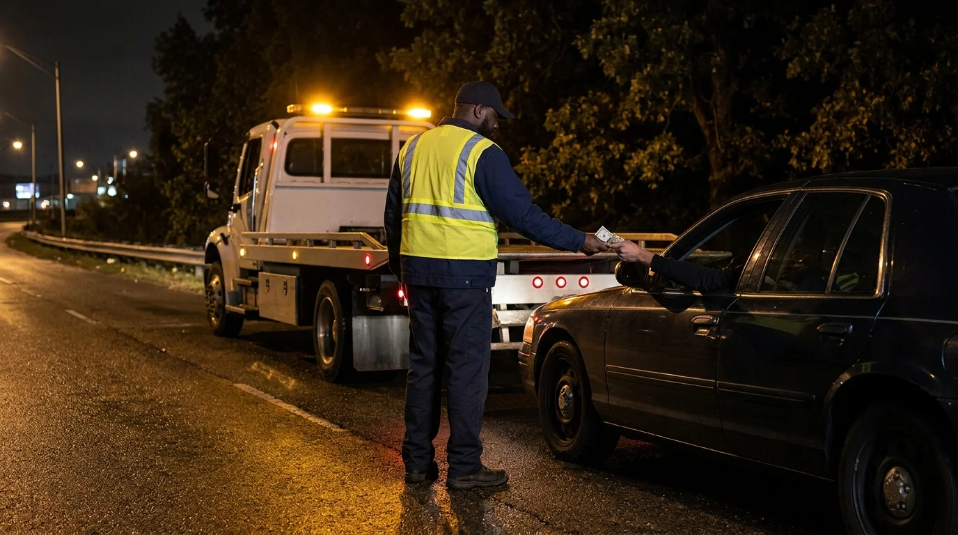 A motorist hands cash to a tow operator beside a flatbed on a Memphis shoulder at night