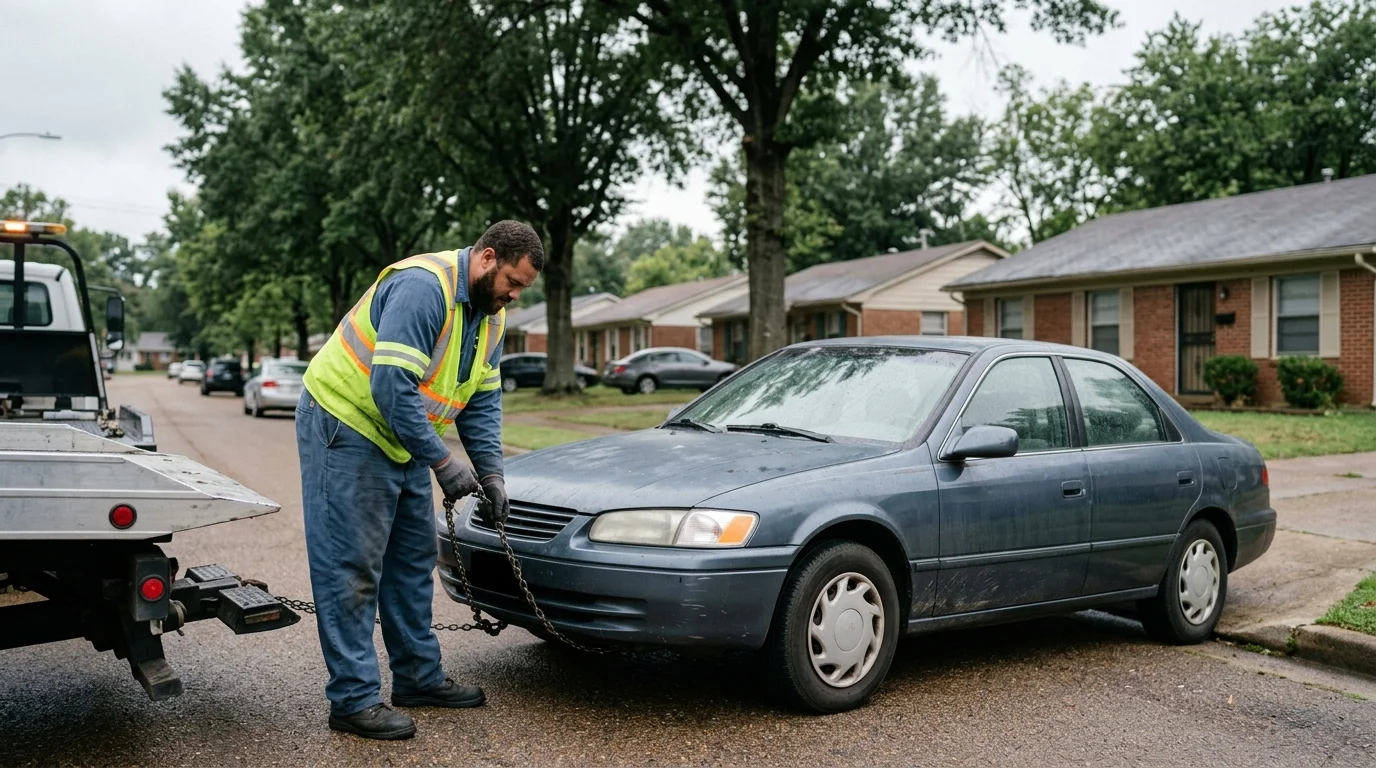 Older sedan awaiting pickup on a Memphis residential street