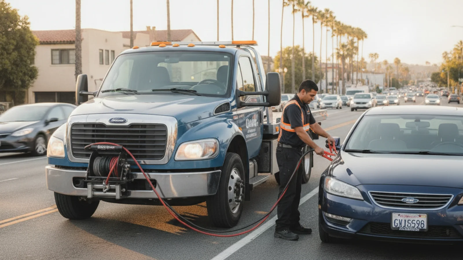 A tow truck technician connecting jumper cables to a car battery at night in Memphis