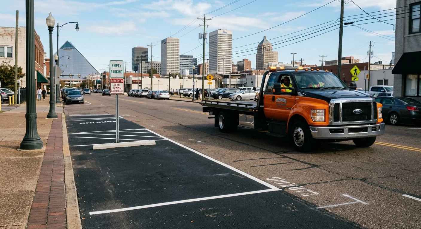 An empty parking spot in Memphis with a tow truck driving away, downtown skyline