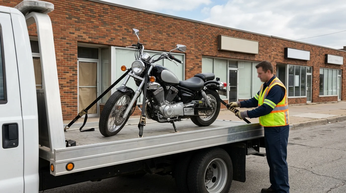 Motorcycle secured upright on a flatbed in Memphis