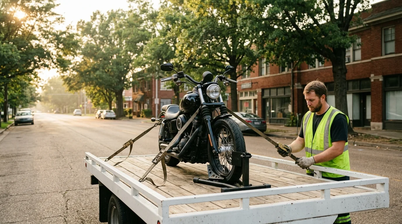 A cruiser motorcycle strapped upright on a flatbed deck on a Memphis street