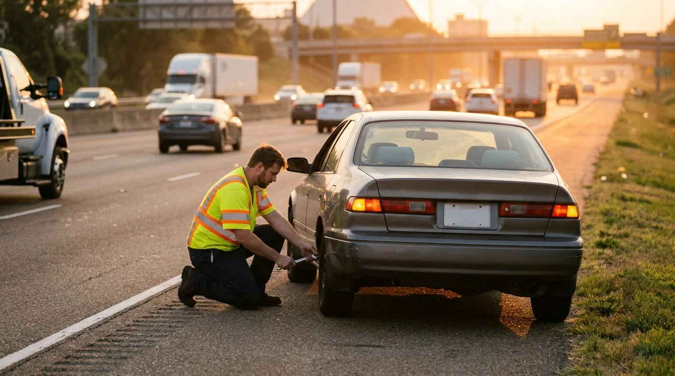Stalled sedan with hazard lights on beside a Memphis highway