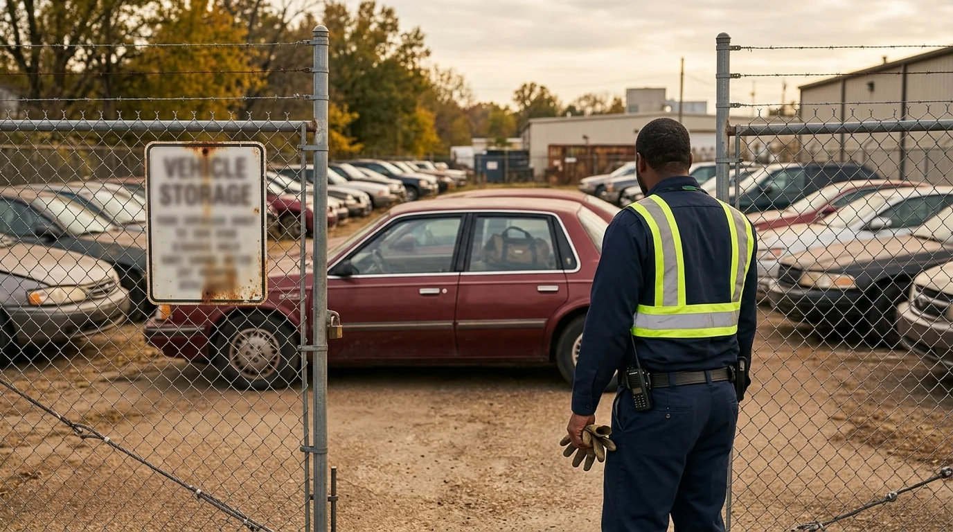 Person standing outside a fenced Memphis vehicle storage lot