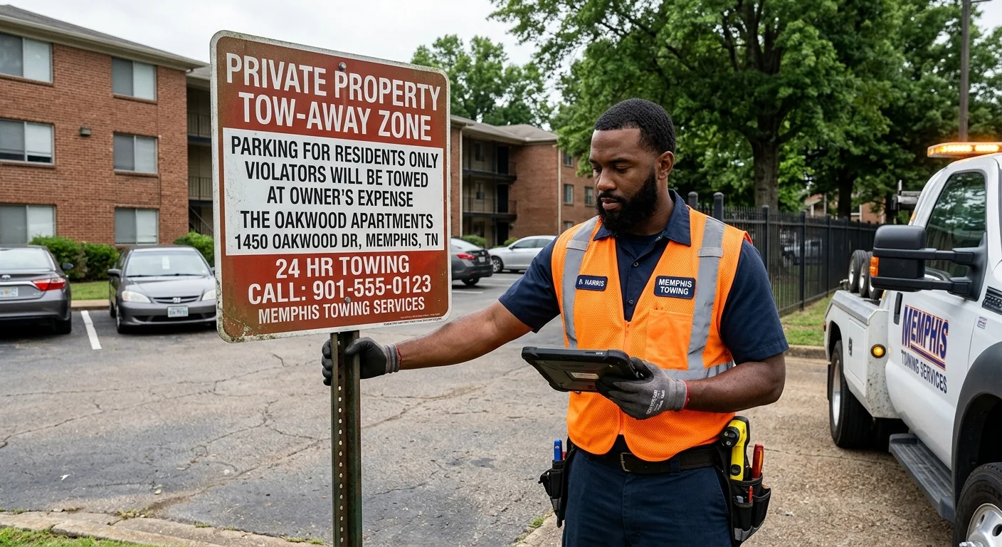 A close-up of a private property tow-away sign at a Memphis apartment complex
