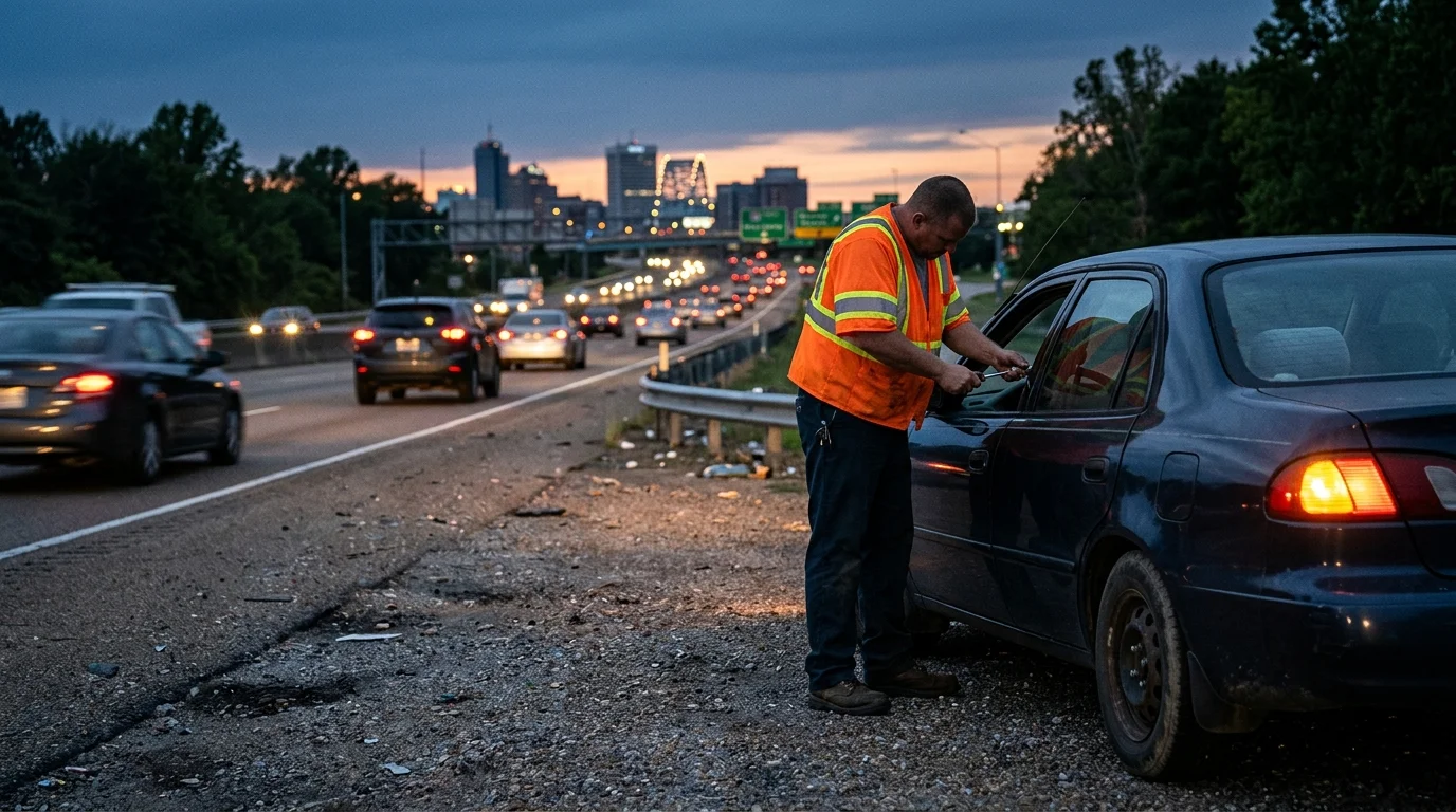 Car stopped on a Memphis shoulder at dusk with hazard lights on