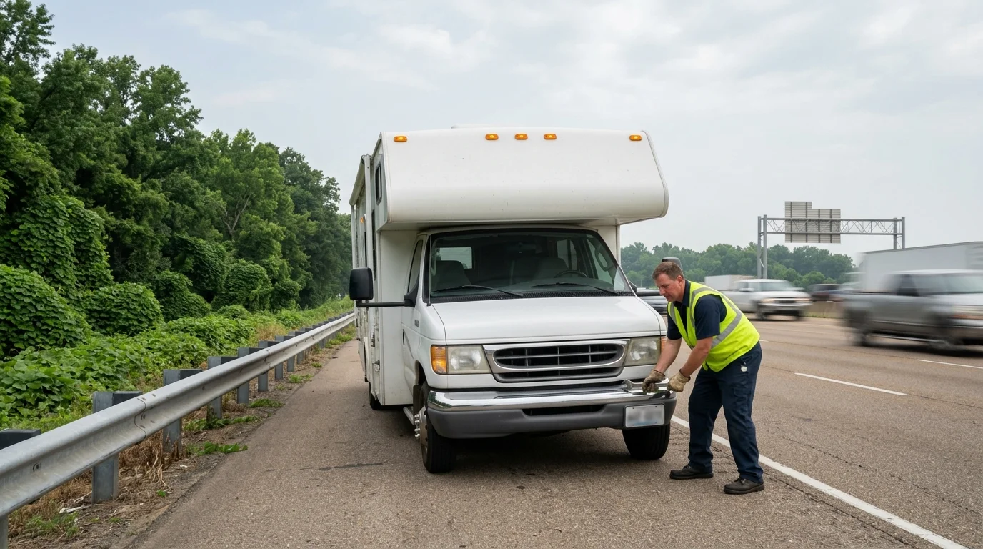 Class C motorhome stopped on an interstate shoulder outside Memphis