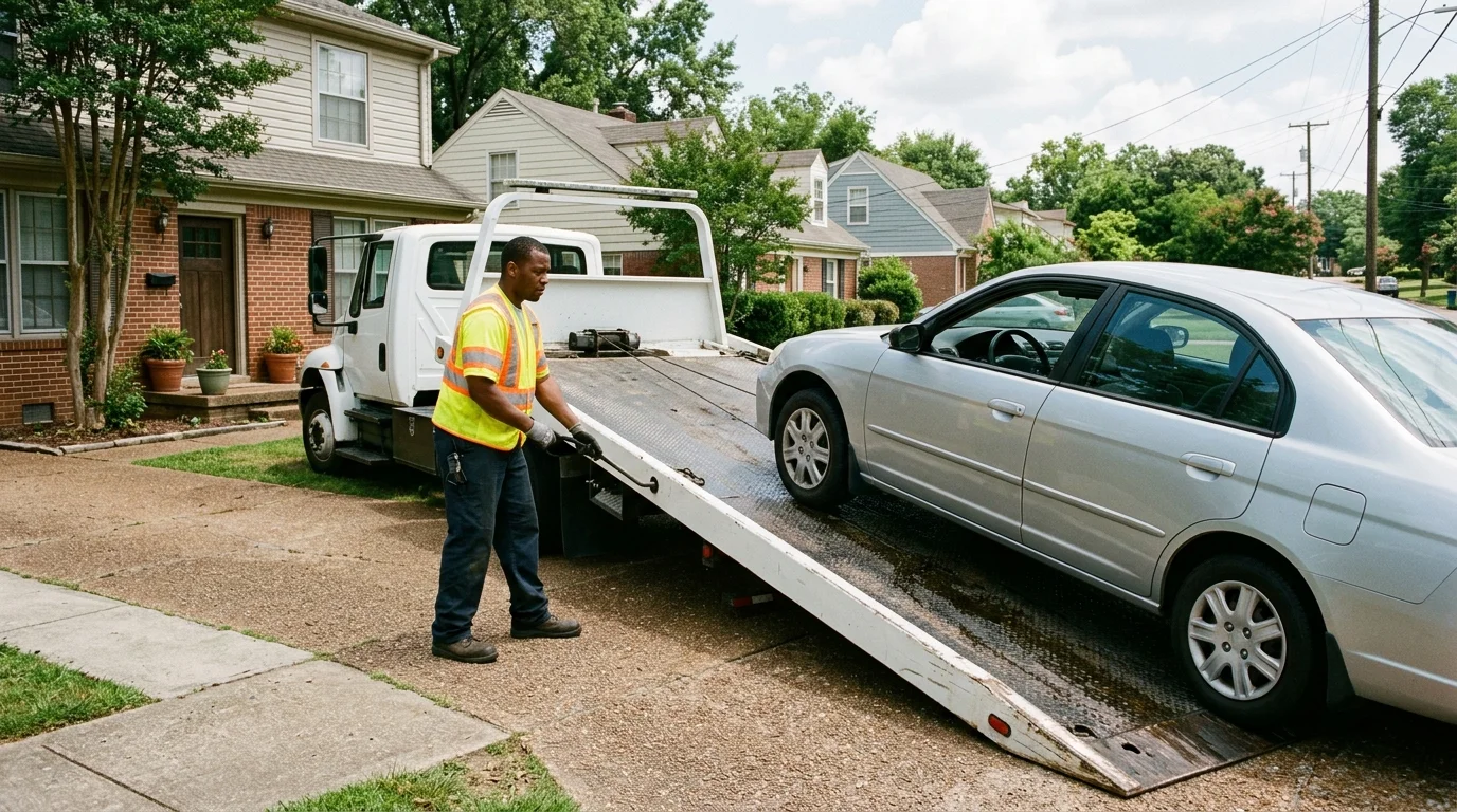 Car being loaded onto a white flatbed in a Memphis driveway