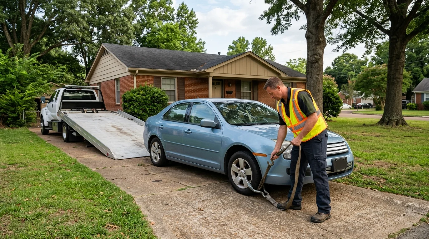 Sedan parked across the driveway of a Memphis brick home