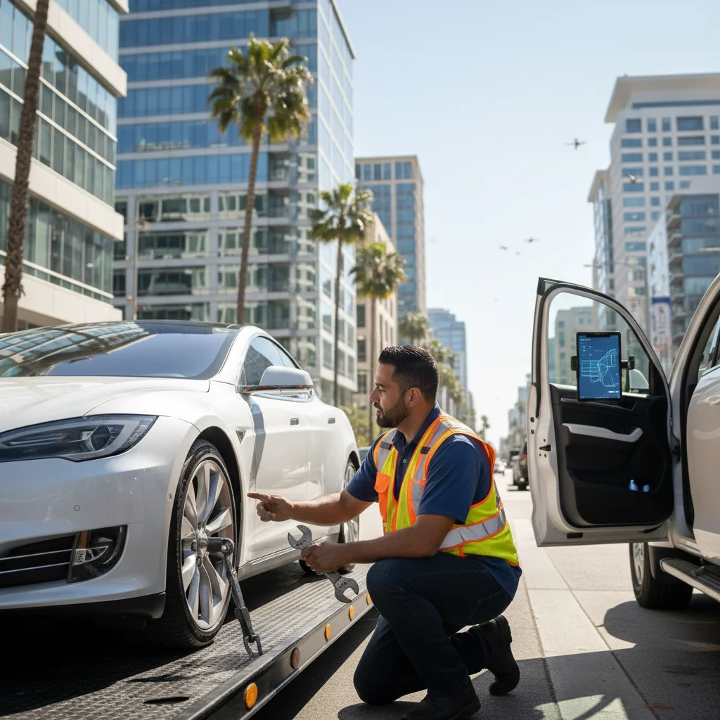 Electric sedan parked beside an unmarked flatbed tow truck