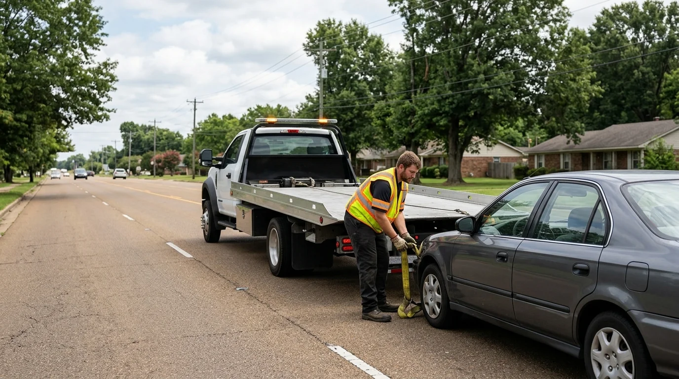 Unbranded sedan behind a white flatbed on a Southaven road