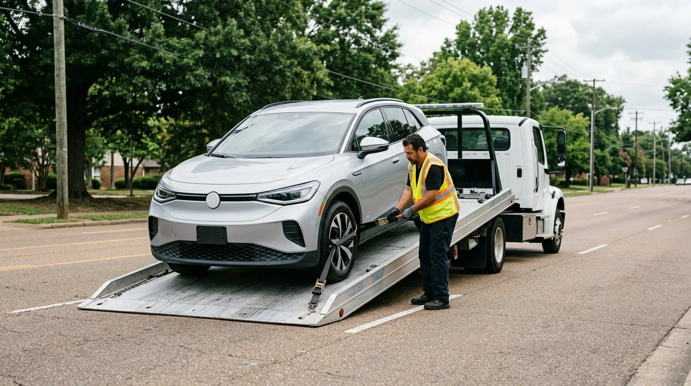 Electric crossover waiting behind a flatbed on a Memphis road