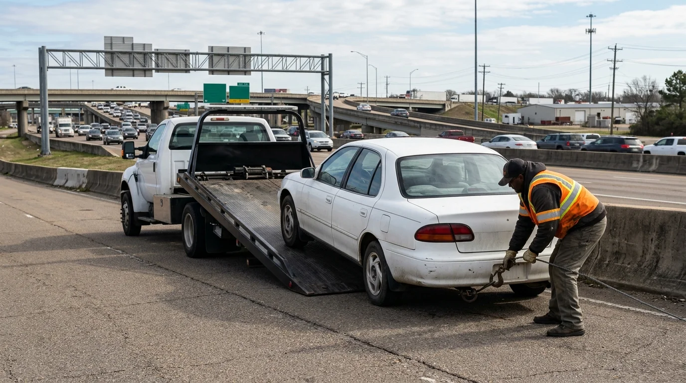 Unbranded sedan behind a plain white flatbed near the I-40 and I-55 interchange in West Memphis, Arkansas