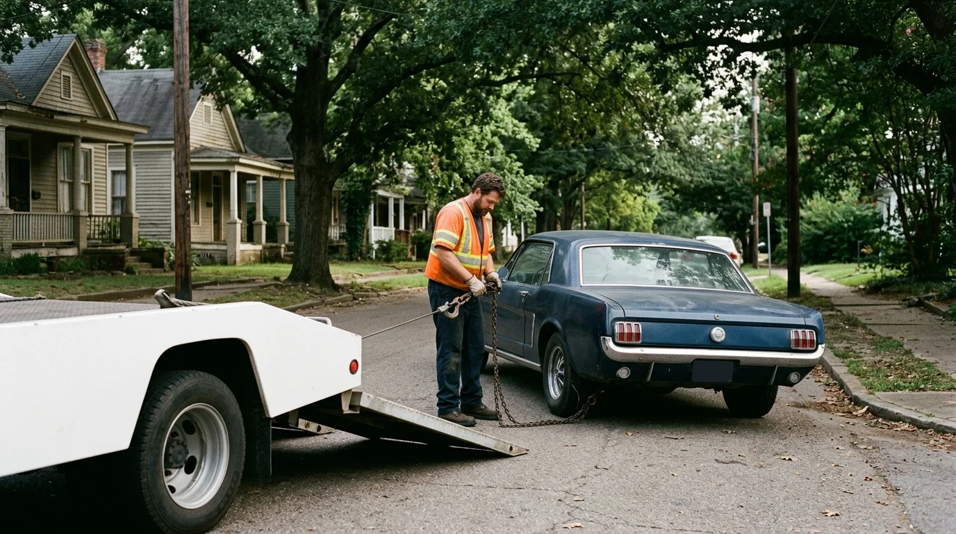 Low sports car approaching a tilted flatbed with loading aids in place