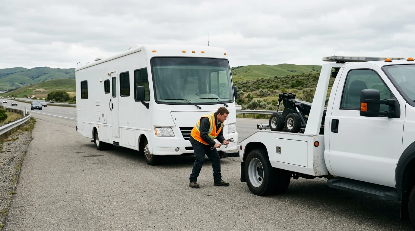 Motorhome stopped on a wide shoulder beside a heavy tow vehicle