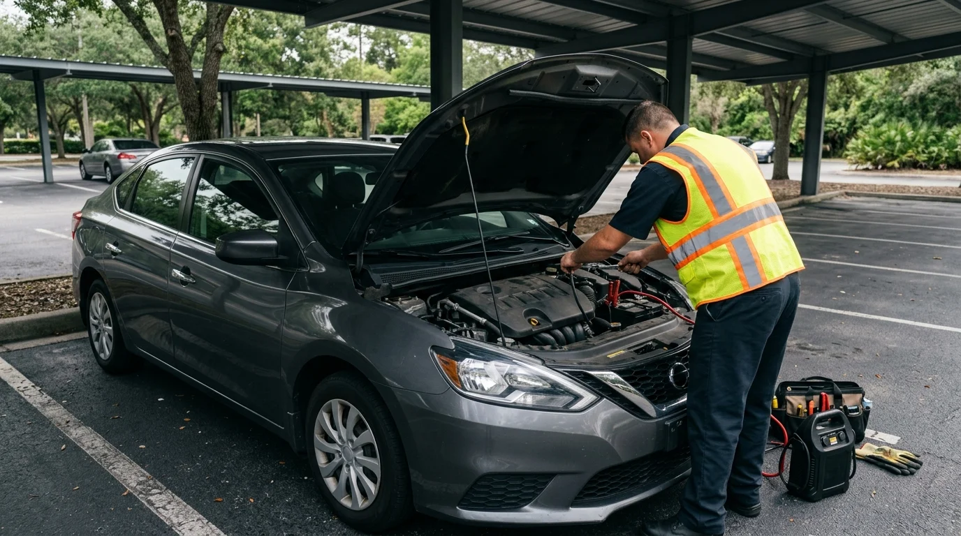 Roadside operator preparing equipment beside a sedan with its hood raised