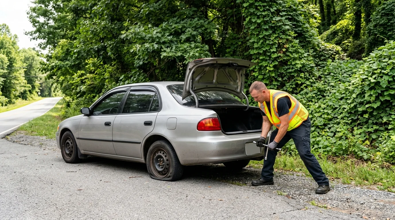 Unbranded sedan with a flat rear tire on a paved shoulder and the trunk open