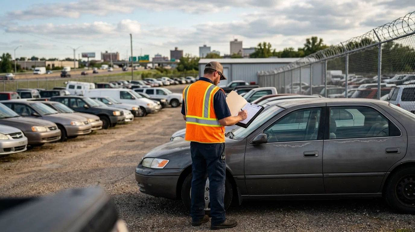Person checking a folder beside a car at a Memphis vehicle storage facility