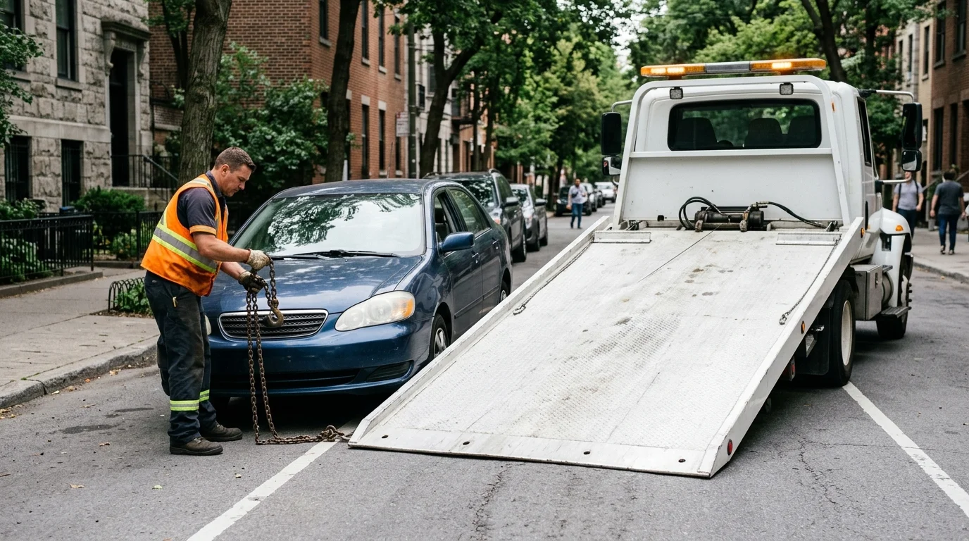 Sedan waiting behind a lowered flatbed tow truck