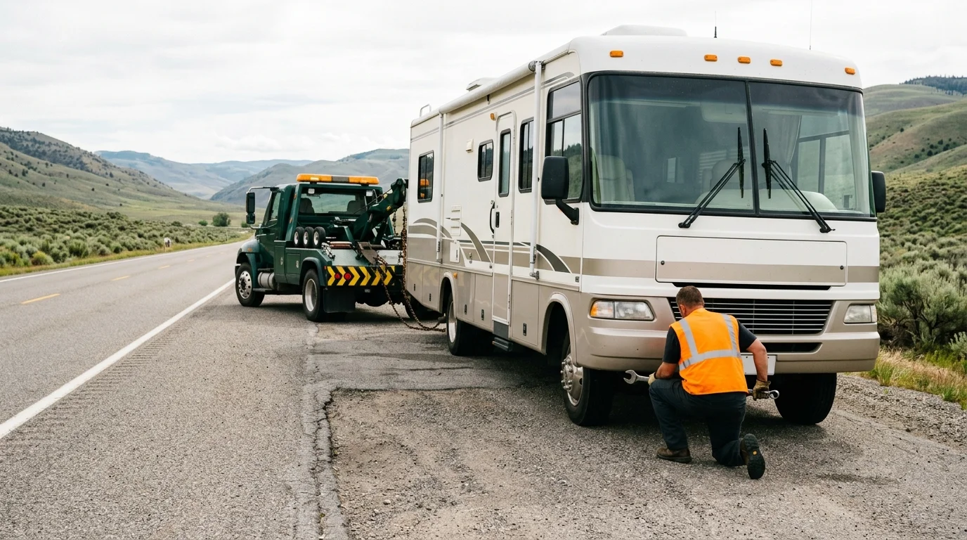 Motorhome stopped in a paved pullout near a heavy tow vehicle