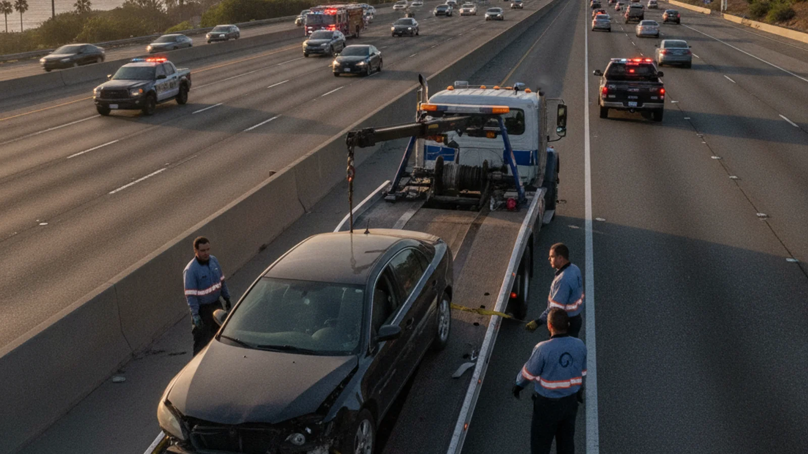 Driver reviewing an insurance policy on a phone next to a broken-down car in Memphis