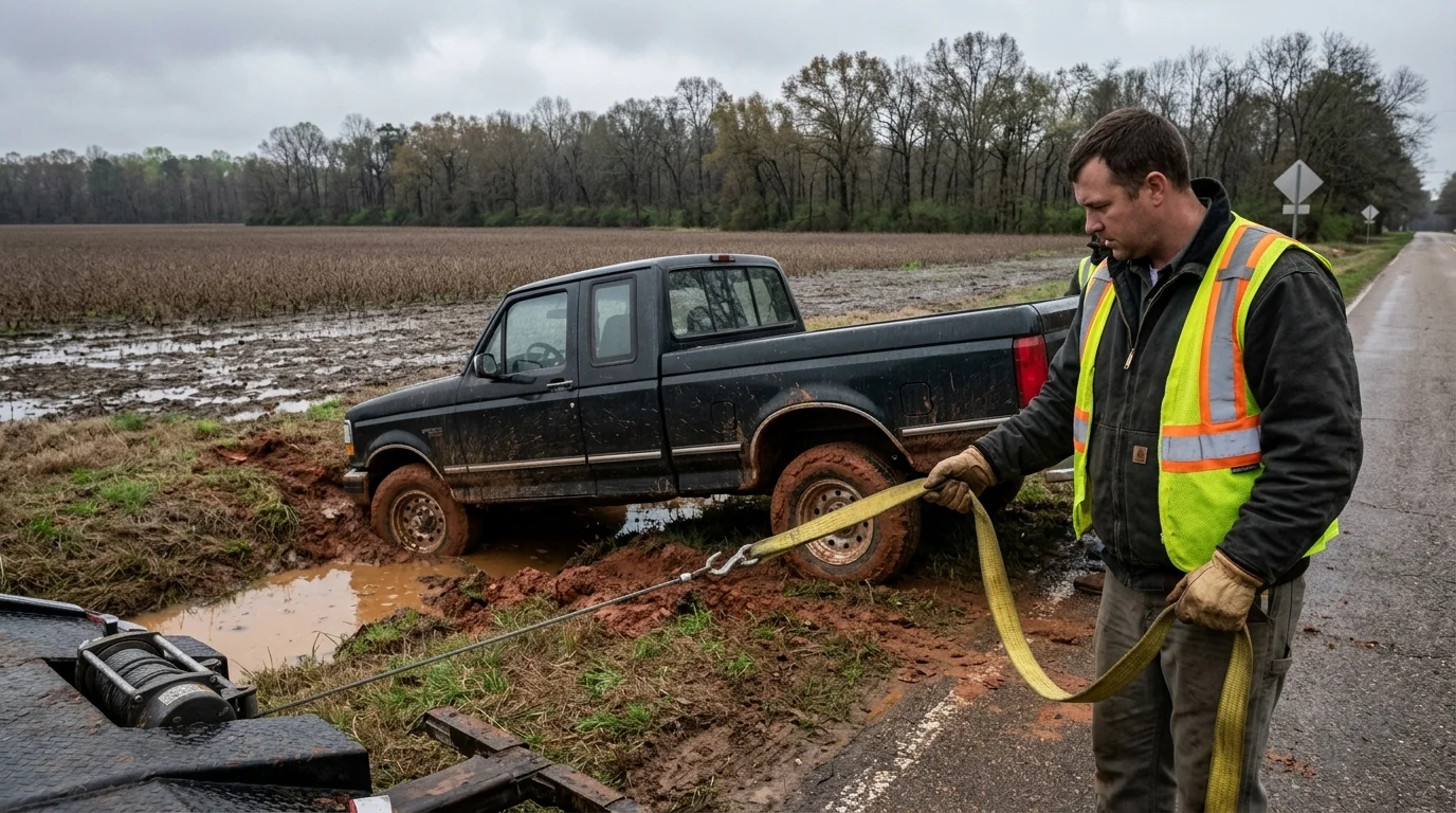 Pickup truck awaiting a towing operator on a Memphis roadside