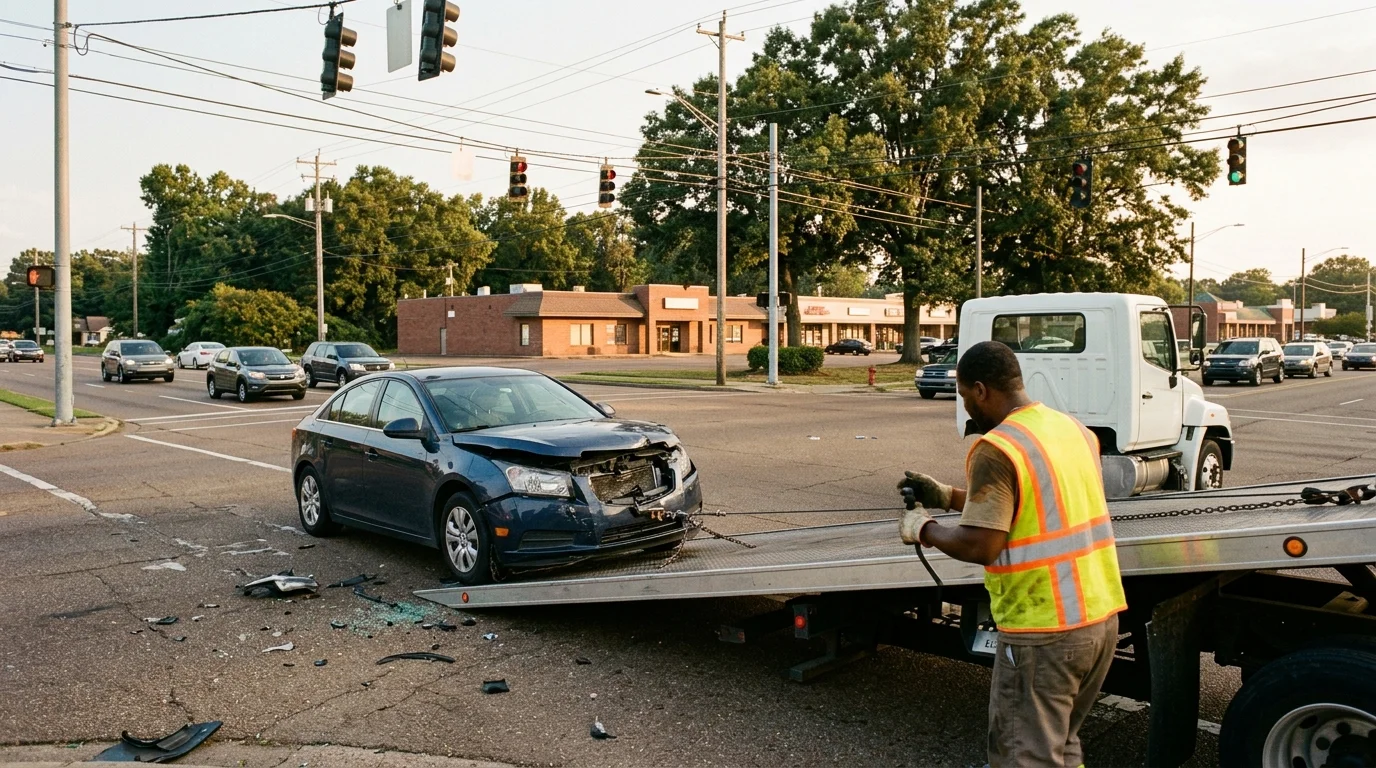 Damaged sedan being loaded onto a flatbed at a Memphis intersection